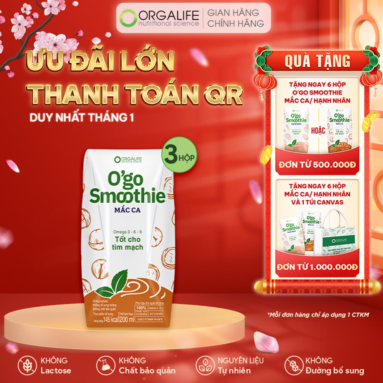  O'GO SMOOTHIE MẮC CA - Sinh Tố Tốt Cho Tim Mạch Từ Sữa Hạt Macca - Lốc 3 Hộp x 200ml 