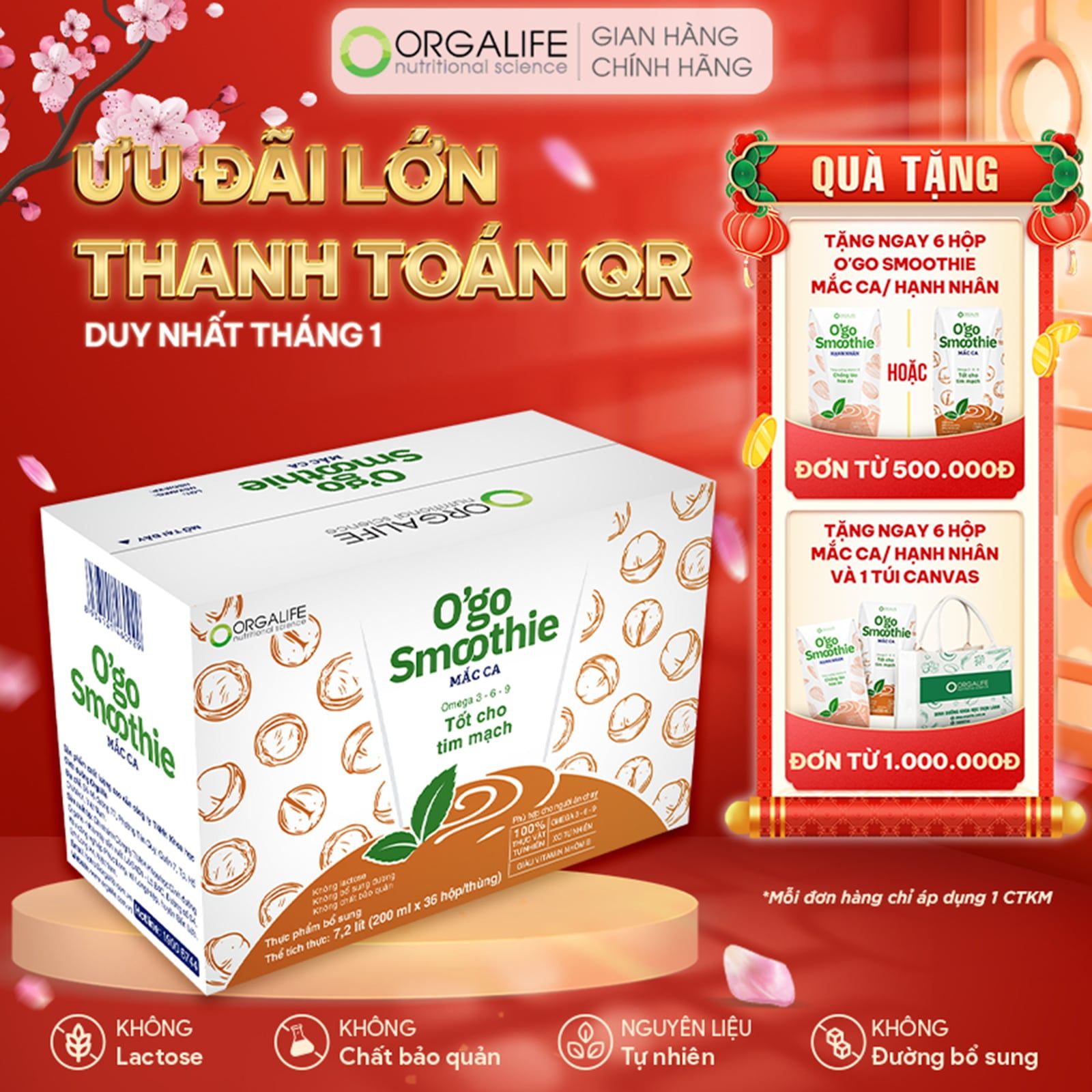  O'GO SMOOTHIE MẮC CA - Sinh Tố Tốt Cho Tim Mạch Từ Sữa Hạt Macca - Thùng 36 Hộp (200ml/Hộp) 