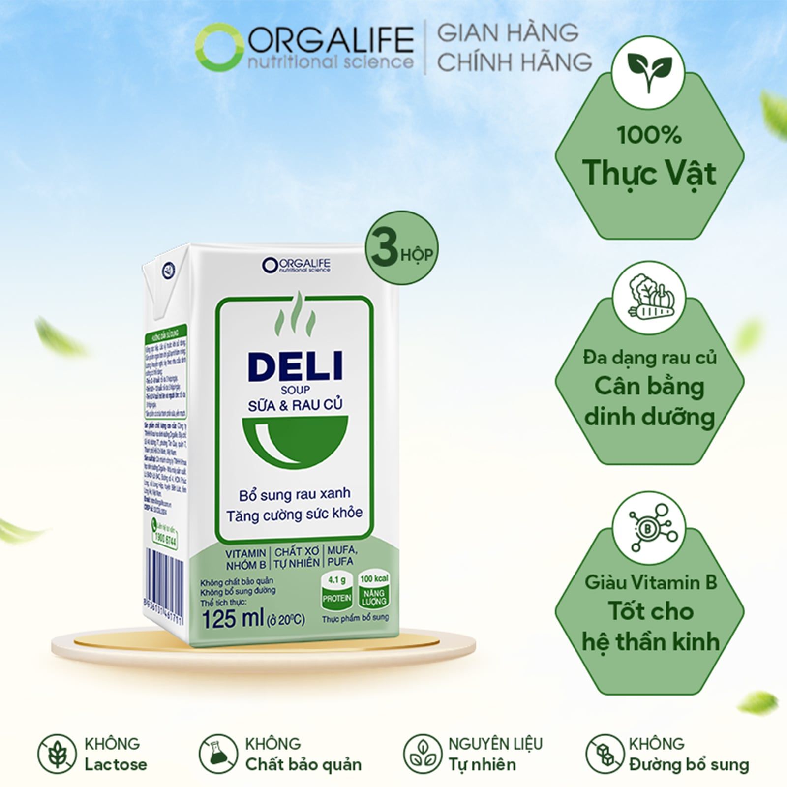  DELISOUP SỮA & RAU CỦ - Bữa Phụ Bổ Sung Rau Xanh - Lốc 3 Hộp (125ml/Hộp) 