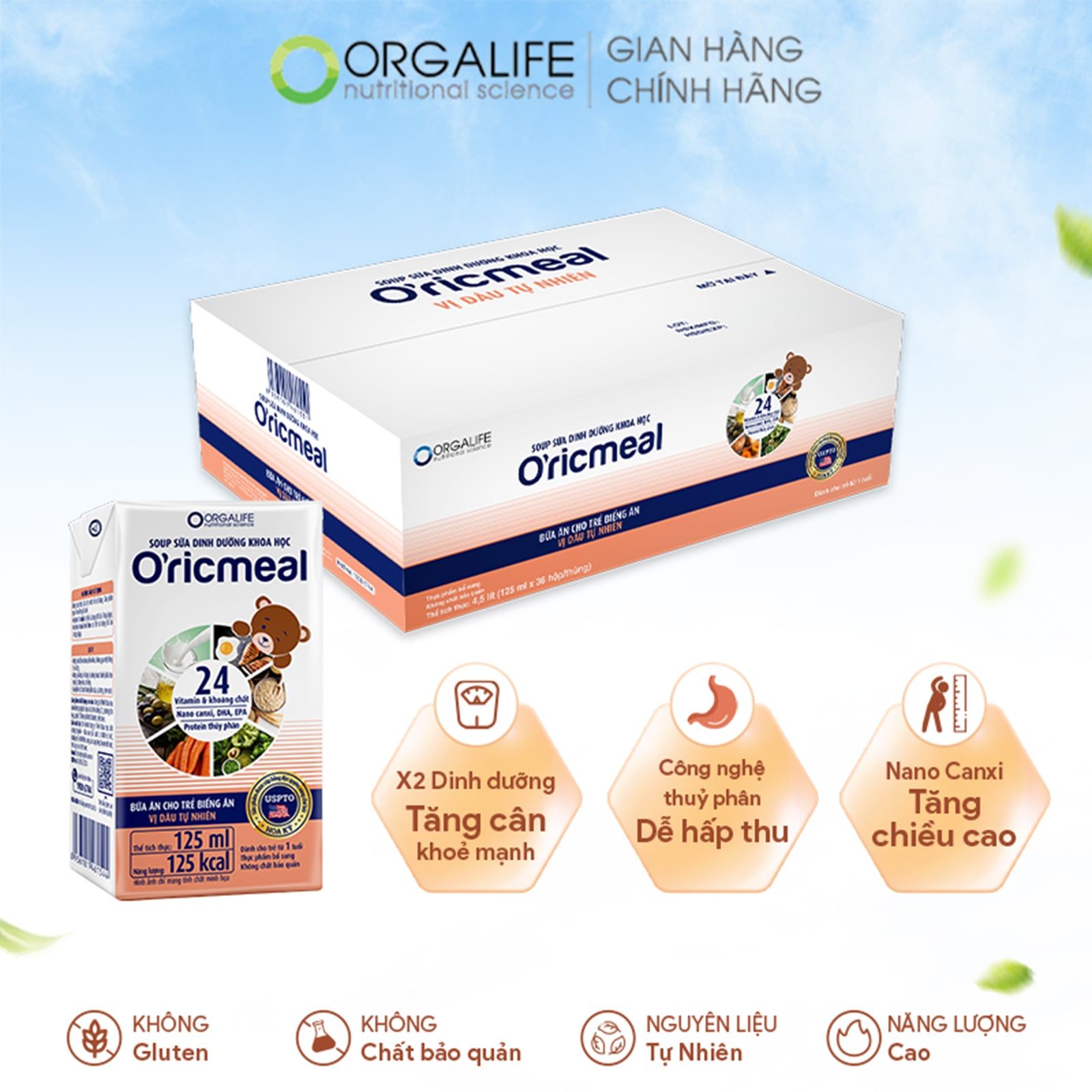  O'RICMEAL - Soup Sữa Dinh Dưỡng Cho Trẻ Biếng Ăn, Hỗ Trợ Tăng Cân, Tăng Đề Kháng, Phát Triển Trí Não - Thùng 36 Hộp (125ml/Hộp). 