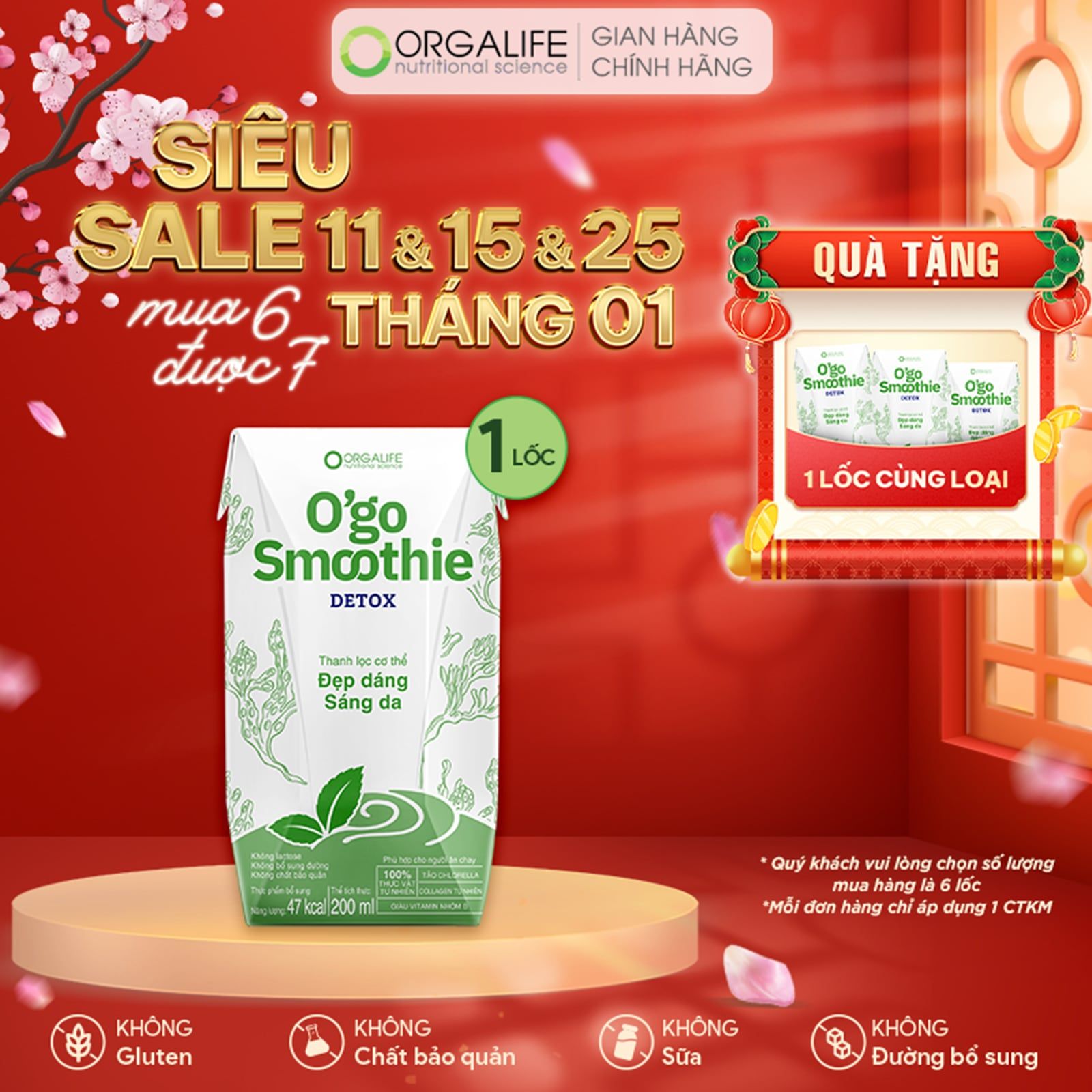 O'GO SMOOTHIE DETOX - Sinh Tố Thanh Lọc, Sáng Da, Giảm Cảm Giác Thèm Ăn - Lốc 3 Hộp (200ml/Hộp) 