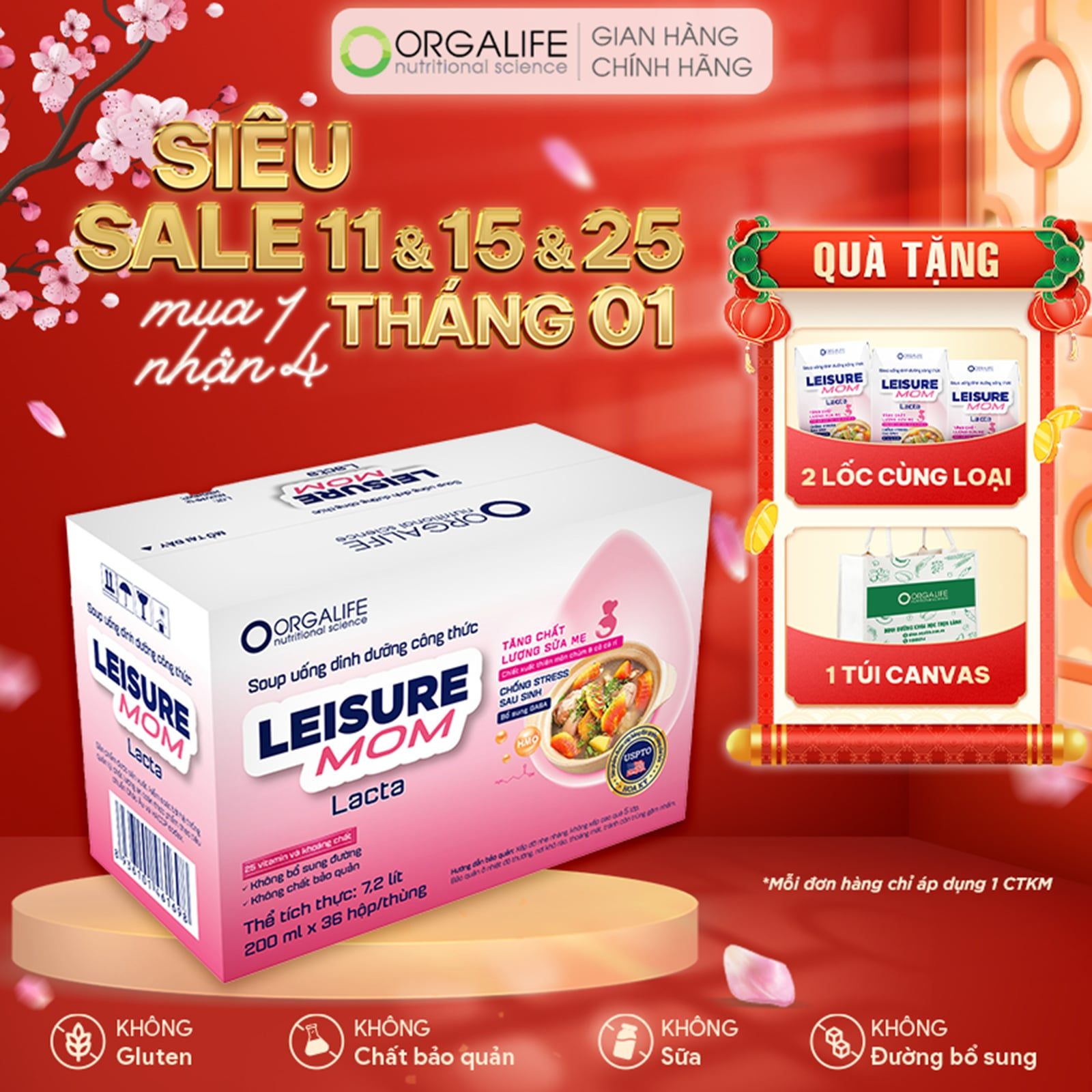  Leisure Mom Lacta - Soup Uống Dinh Dưỡng Tăng Chất Lượng Sữa Mẹ, Giảm Stress, Cải Thiện Mất Ngủ Sau Sinh - Thùng 36 Hộp (200ml/Hộp) 