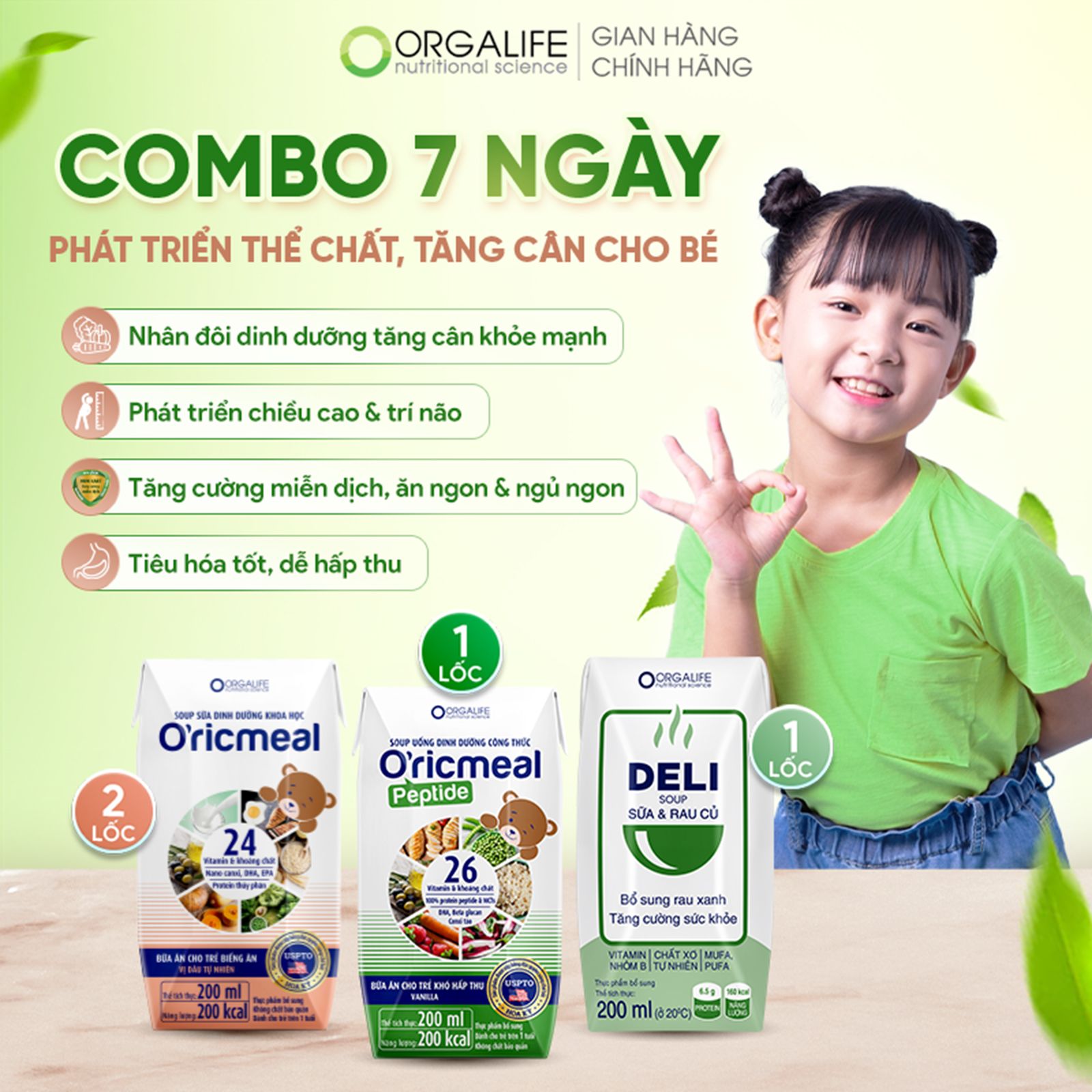  Combo 7 ngày phát triển thể chất & tăng cân cho bé – Oricmeal 200ml (6hộp) & Oricmeal Peptide 200ml (3hộp) & Delisoup Sữa Rau củ 200ml (3 hộp) 