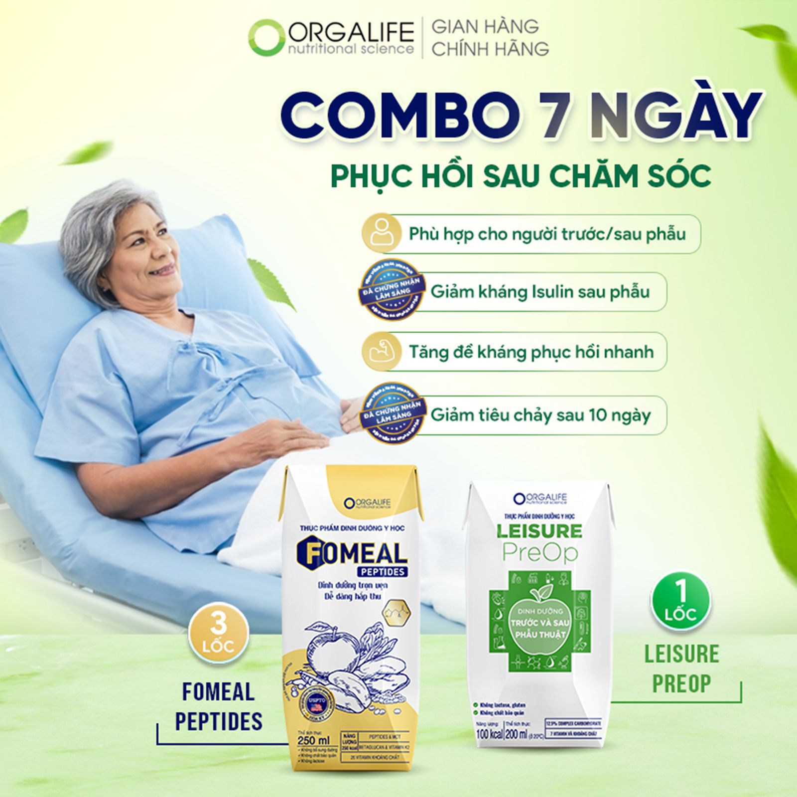  Combo 7 ngày phục hồi thể trạng sau chăm sóc - Fomeal Peptides 250ml (9 Hộp) & Leisure Preop 200ml (3 Hộp) 