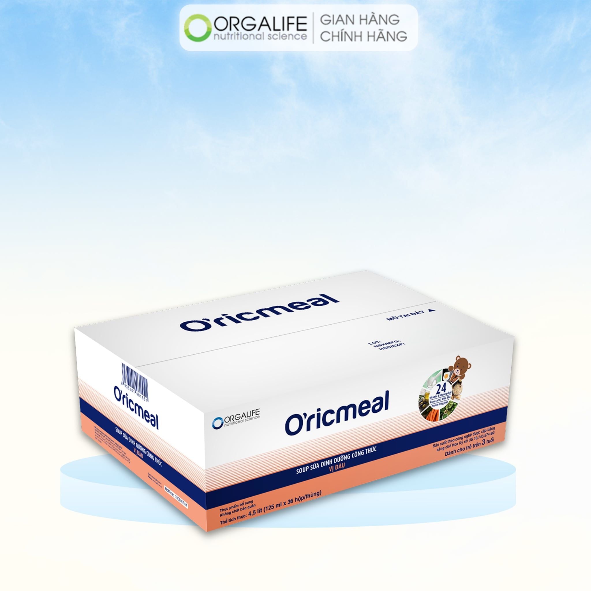  O'RICMEAL - Soup Sữa Dinh Dưỡng Cho Trẻ Biếng Ăn, Hỗ Trợ Tăng Cân, Tăng Đề Kháng, Phát Triển Trí Não - Thùng 36 Hộp (125ml/Hộp). 