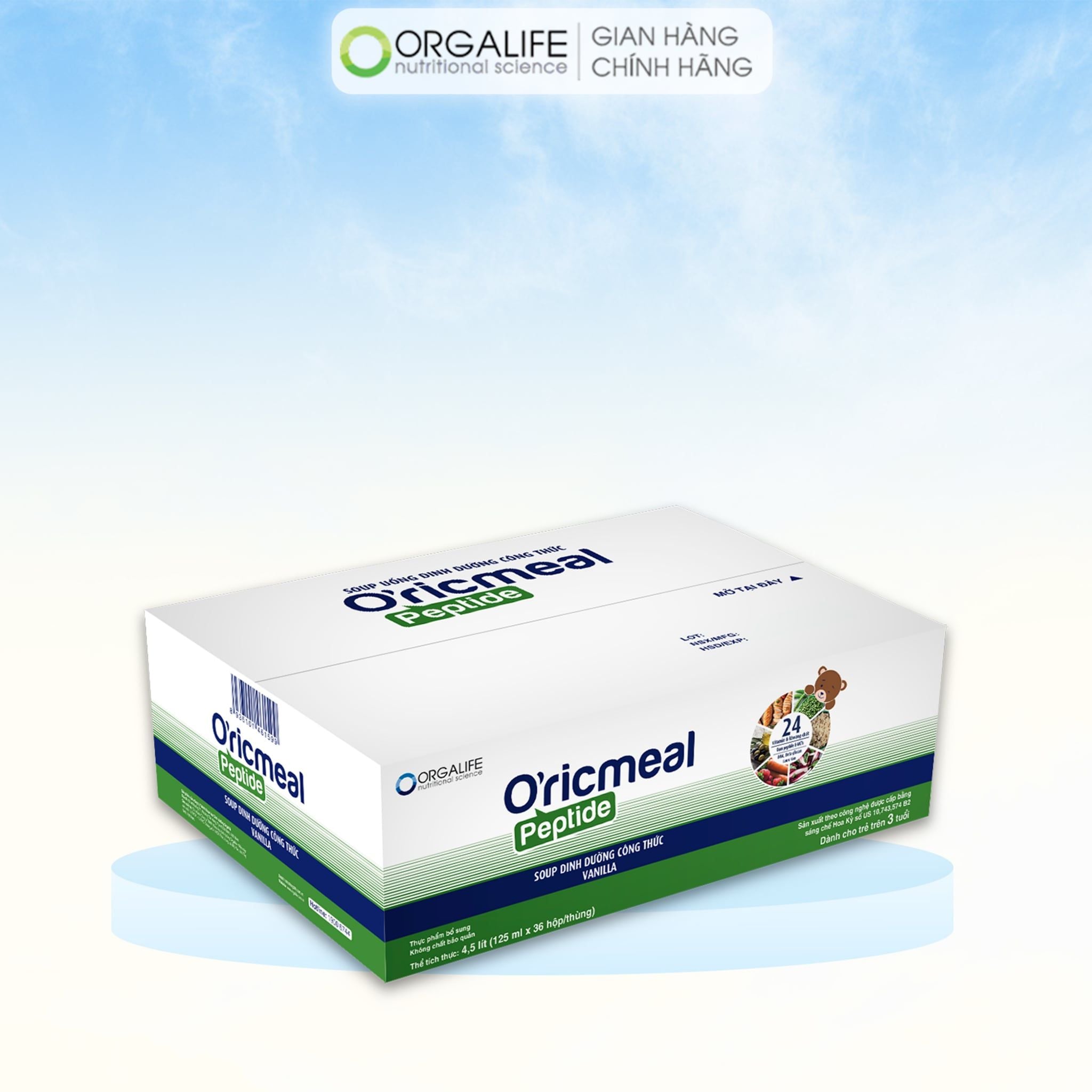  O'RICMEAL PEPTIDE - Soup Uống Dinh Dưỡng Cho Trẻ Dị Ứng Đạm Sữa Bò - Thùng 36 Hộp (125ml/Hộp) 