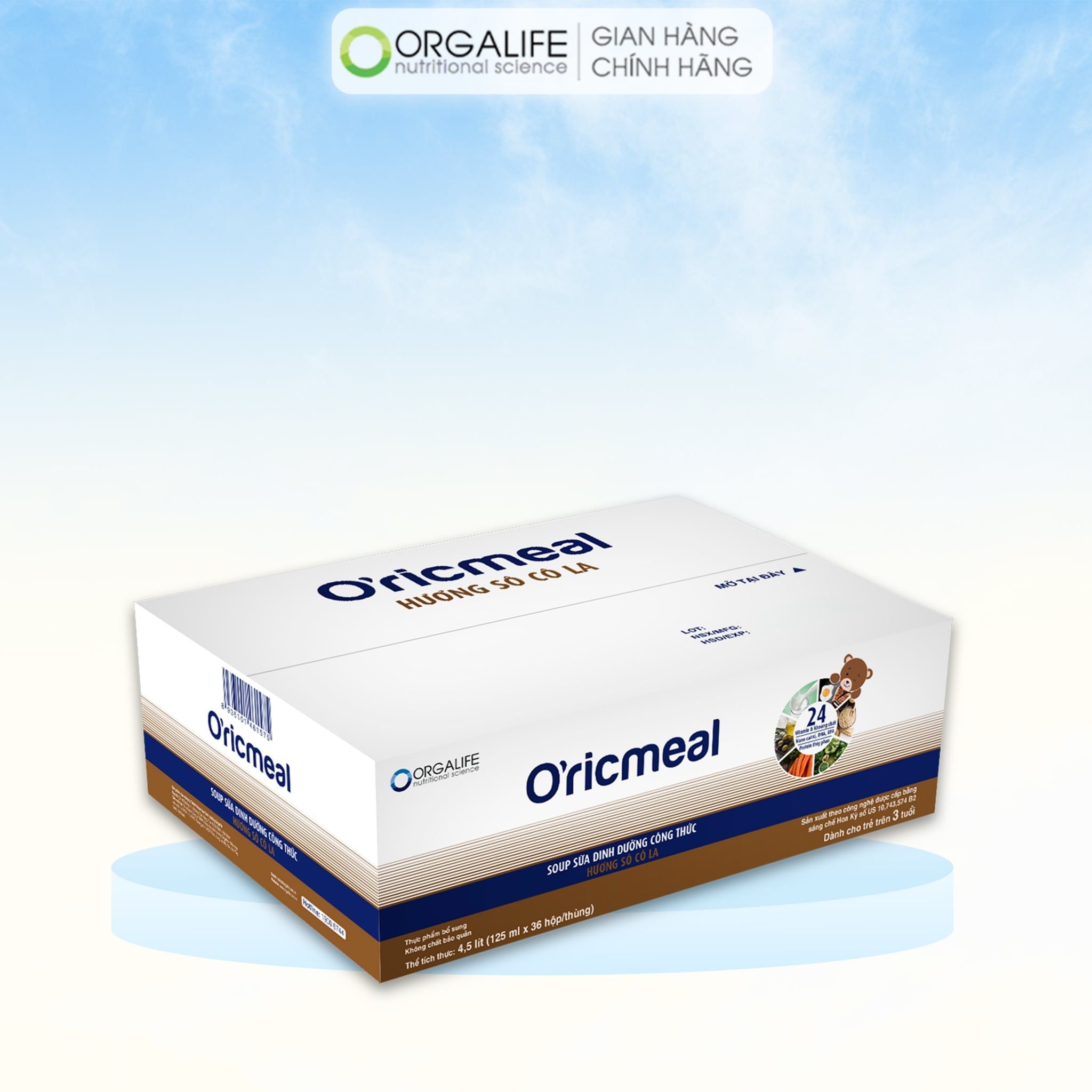  O'RICMEAL HƯƠNG SOCOLA - Soup Sữa Dinh Dưỡng Cho Trẻ Biếng Ăn, Hỗ Trợ Tăng Cân, Tăng Đề Kháng, Phát Triển Trí Não - Thùng 36 Hộp (125ml/Hộp). 
