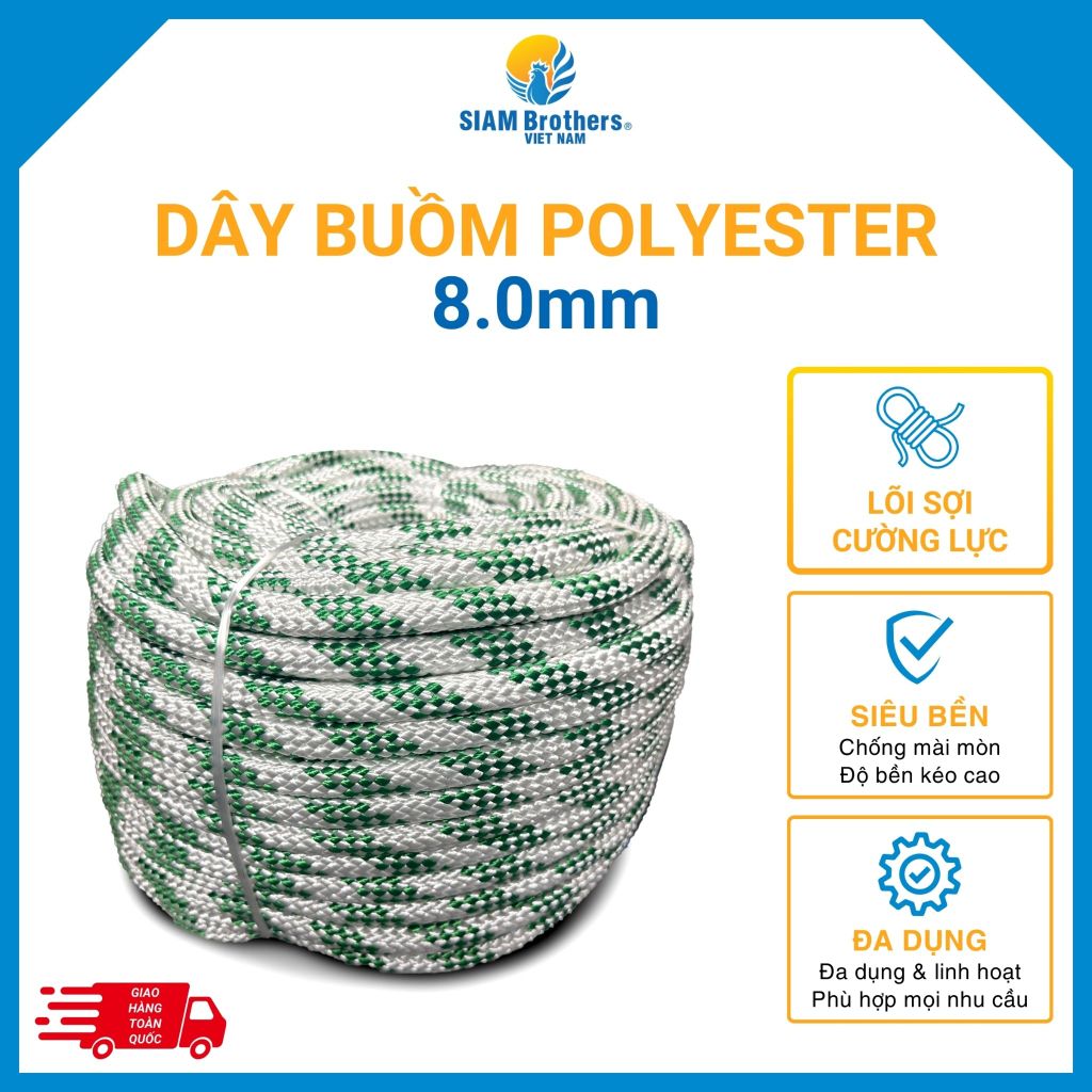 Dây Buồm Polyester 08.0MM L32 - Trắng Line Xanh Lá