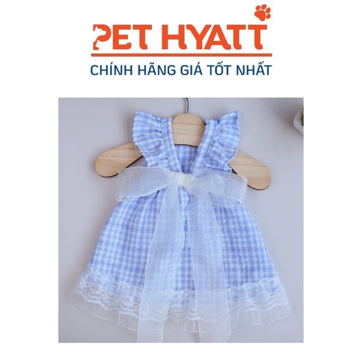 Váy Babydoll Caro Xanh Đính Nơ Voan Lưới Cho Thú Cưng (XS-XXL)