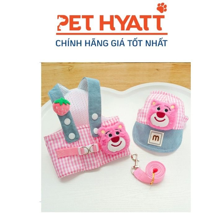 Bộ Yếm Ngực Kèm Dây Dắt & Nón Gấu Dâu + Vịt Vàng Cho Thú Cưng (XS-XL)