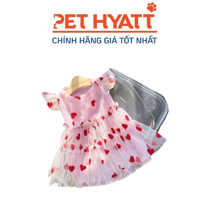Váy Voan Lưới Hồng 2 Lớp Hoạ Tiết Trái Tim Cho Thú Cưng (XS-L)