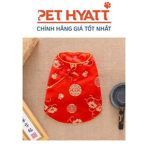  Đầm Gấm Đỏ Hơi Xoè 2 Nút Xéo Phía Trên Hoạ Tiết Ngày Tết Cho Thú Cưng (XS-L) 