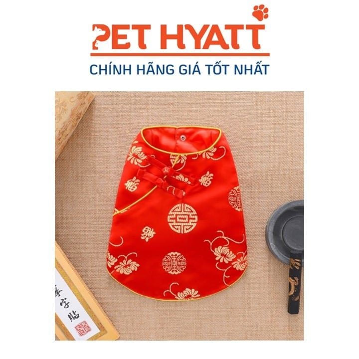 Đầm Gấm Đỏ Hơi Xoè 2 Nút Xéo Phía Trên Hoạ Tiết Ngày Tết Cho Thú Cưng (XS-L)