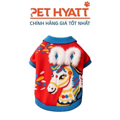 Áo Len Đỏ Viền Xanh Có Cổ Hình Ngựa 2 Tai Lông Ngày Tết Cho Thú Cưng (XS-XL) 