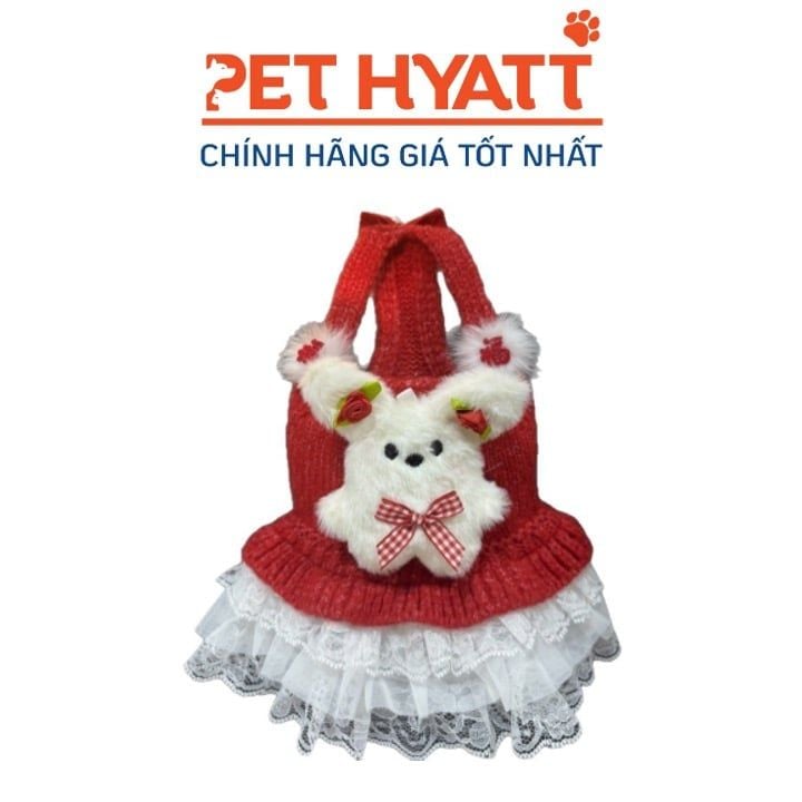 Váy Len Đỏ Viền Xoè Ren Đính Kèm Gấu Trắng Cho Thú Cưng (XS-L)