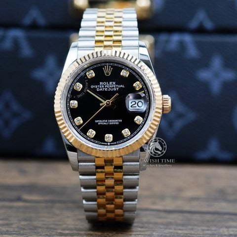 Đồng Hồ Rolex Datejust 36mm 126233-0021 Rep 1:1 Chế Tác Vỏ Demi Bọc Vàng Kim Mặt Đen Cọc Số Đính Đá Dây Kim Loại Jubilee