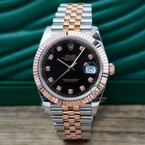 Đồng Hồ Rolex Datejust 41 126331 Rep 1:1 Chế Tác Vỏ Demi Bọc Vàng Hồng Mặt Đen Cọc Số Đính Đá Dây Kim Loại Jubilee