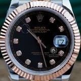 Đồng Hồ Rolex Datejust 41 126331 Rep 1:1 Chế Tác Vỏ Demi Bọc Vàng Hồng Mặt Đen Cọc Số Đính Đá Dây Kim Loại Jubilee