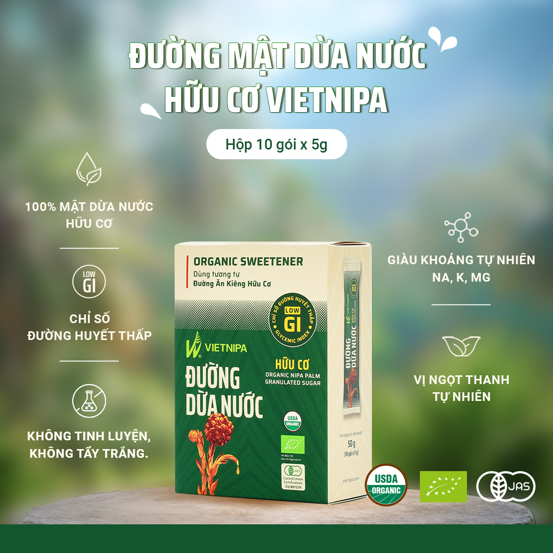  Đường Dừa Nước Hữu Cơ VIETNIPA - Hộp 10 gói 