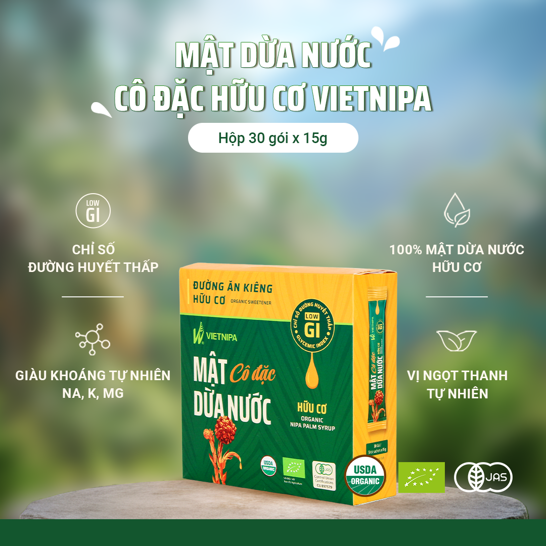  Mật Dừa Nước Cô Đặc Hữu Cơ VIETNIPA - Hộp 30 gói 