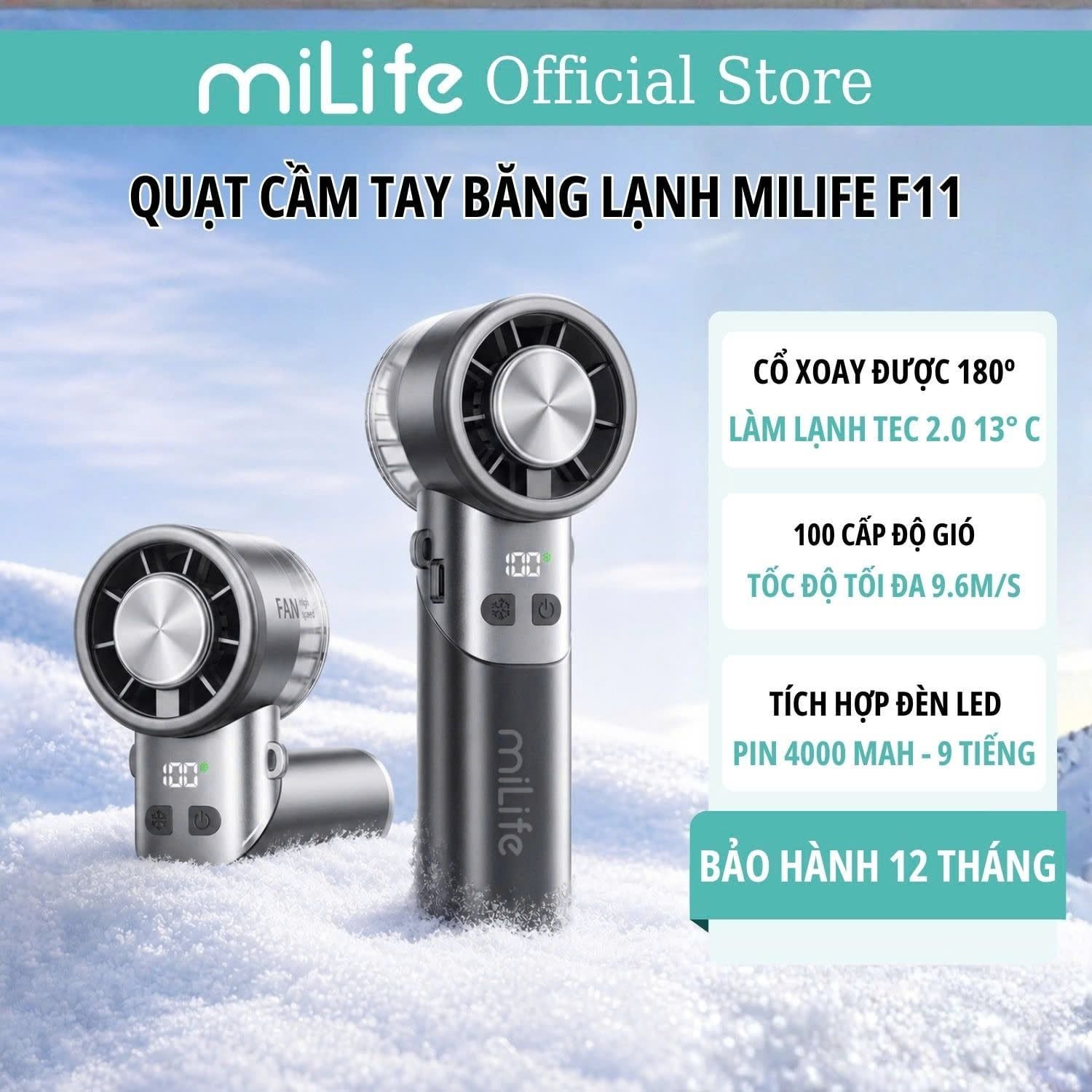  Quạt cầm tay sò lạnh miLife F11 thân xoay 180 độ, pin 4000mAh 9 tiếng, gió 9.8m/s - Bảo hành 12 tháng 