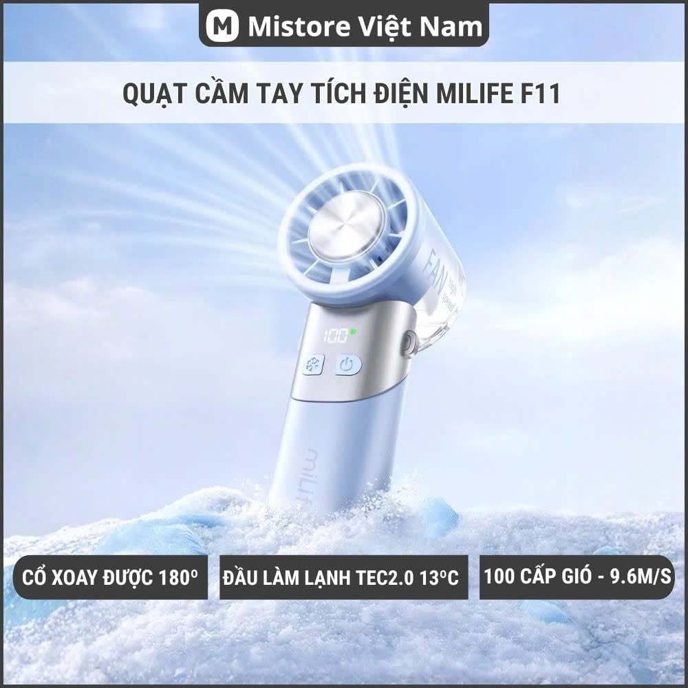  Quạt cầm tay sò lạnh miLife F11 thân xoay 180 độ, pin 4000mAh 9 tiếng, gió 9.8m/s - Bảo hành 12 tháng 