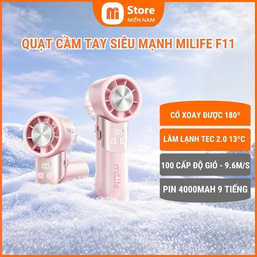  Quạt cầm tay sò lạnh miLife F11 thân xoay 180 độ, pin 4000mAh 9 tiếng, gió 9.8m/s - Bảo hành 12 tháng 