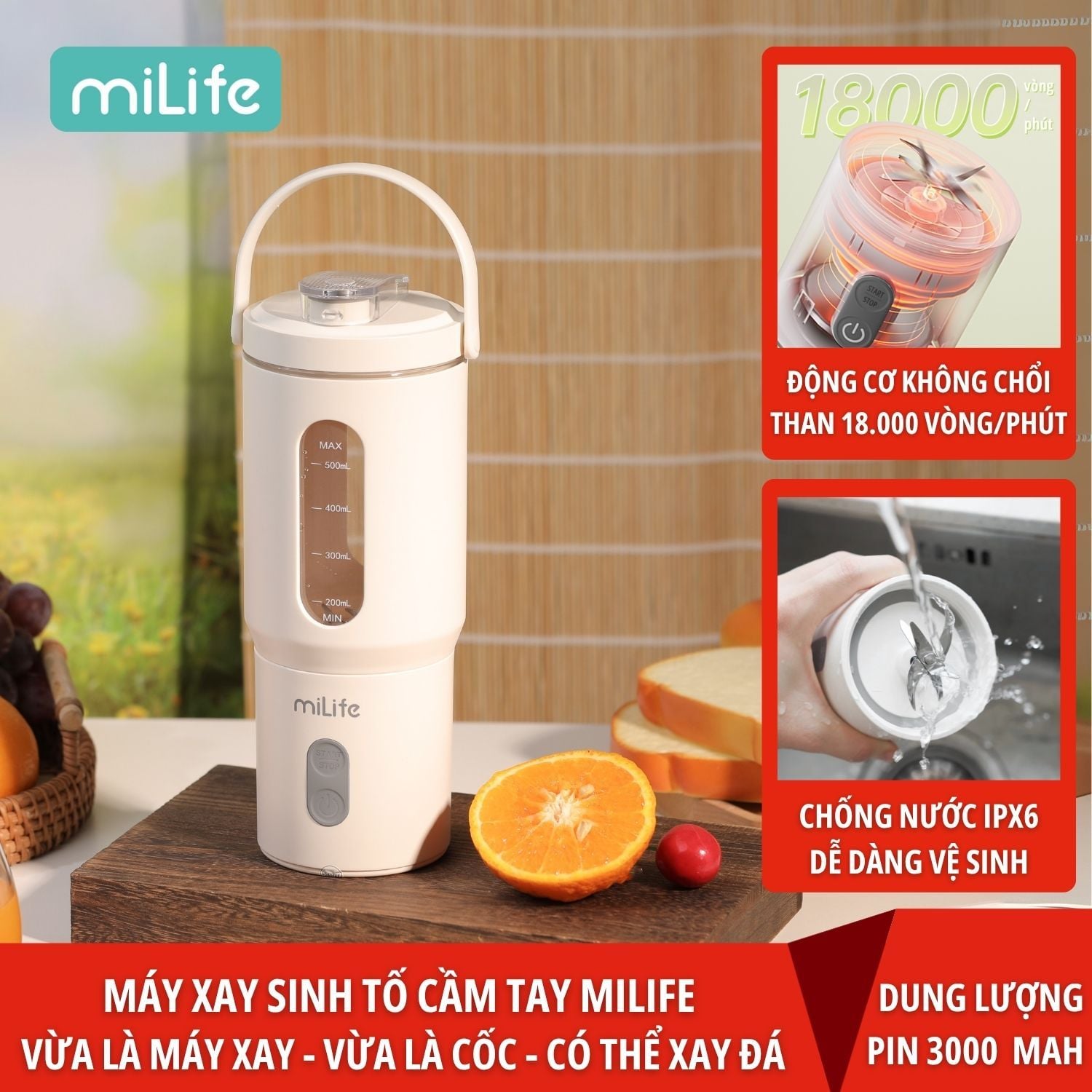  Máy xay sinh tố cầm tay miLife dung tích 600ml - Bảo hành 1 năm 