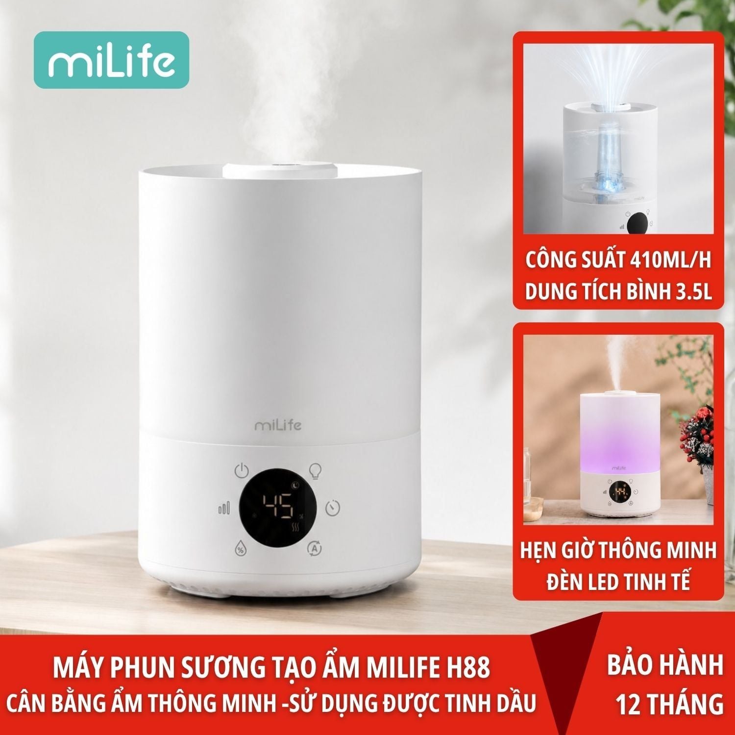  Máy phun sương tạo ẩm milife Model H88 điều chỉnh được độ ẩm - Dung tích 3,5 lít dùng được tinh dầu 