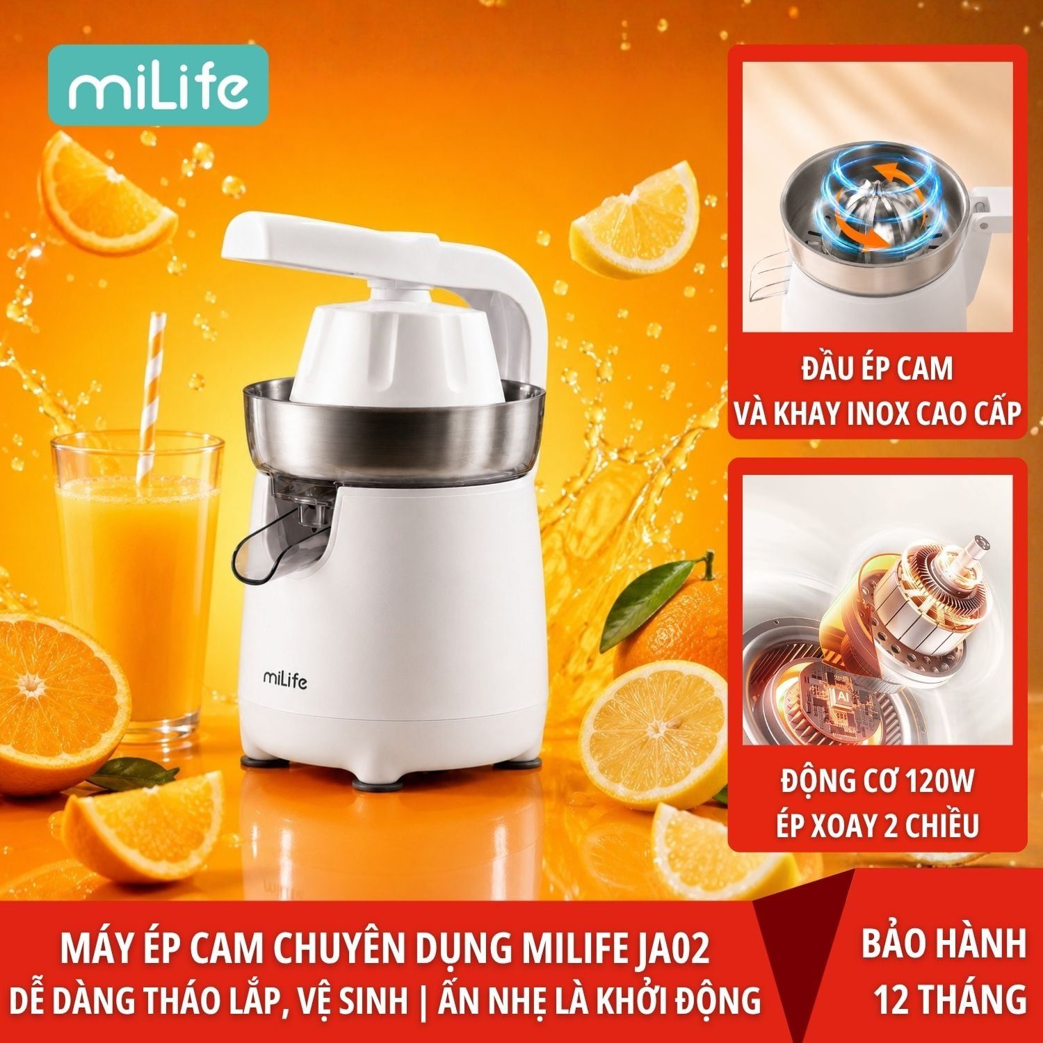  Máy vắt cam Máy ép cam, chuyên dụng miLife JA02 - công suất 120W - vắt kiệt bã bảo hành 12 tháng 