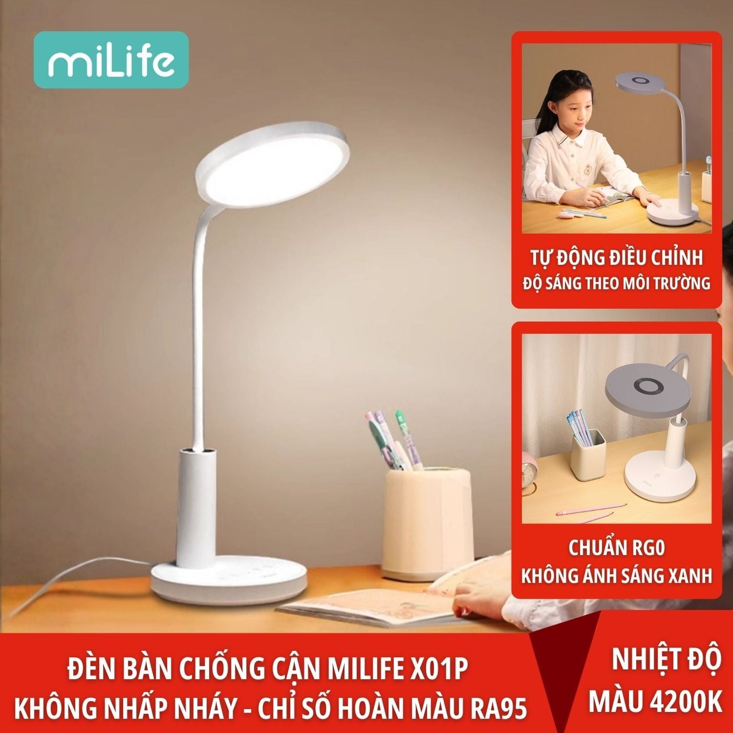  Đèn học chống cận miLife X01P, đèn đọc sách để bàn tiêu chuẩn AA bảo vệ mắt, chiều chỉnh ánh sáng 