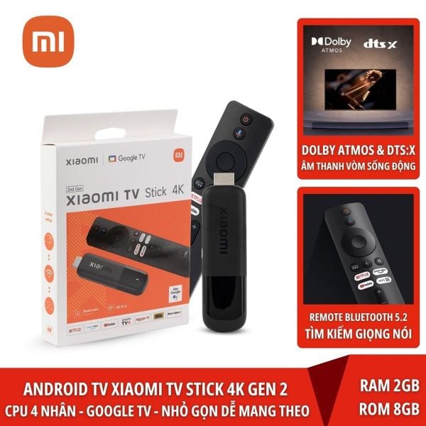  Mi Stick TV 4K Gen 2 Quốc Tế Full Tiếng Việt Xiaomi TV Stick 4K 2nd MDZ-33-AA Ram 2GB Bộ nhớ 8GB  - Bảo hành 12 tháng 