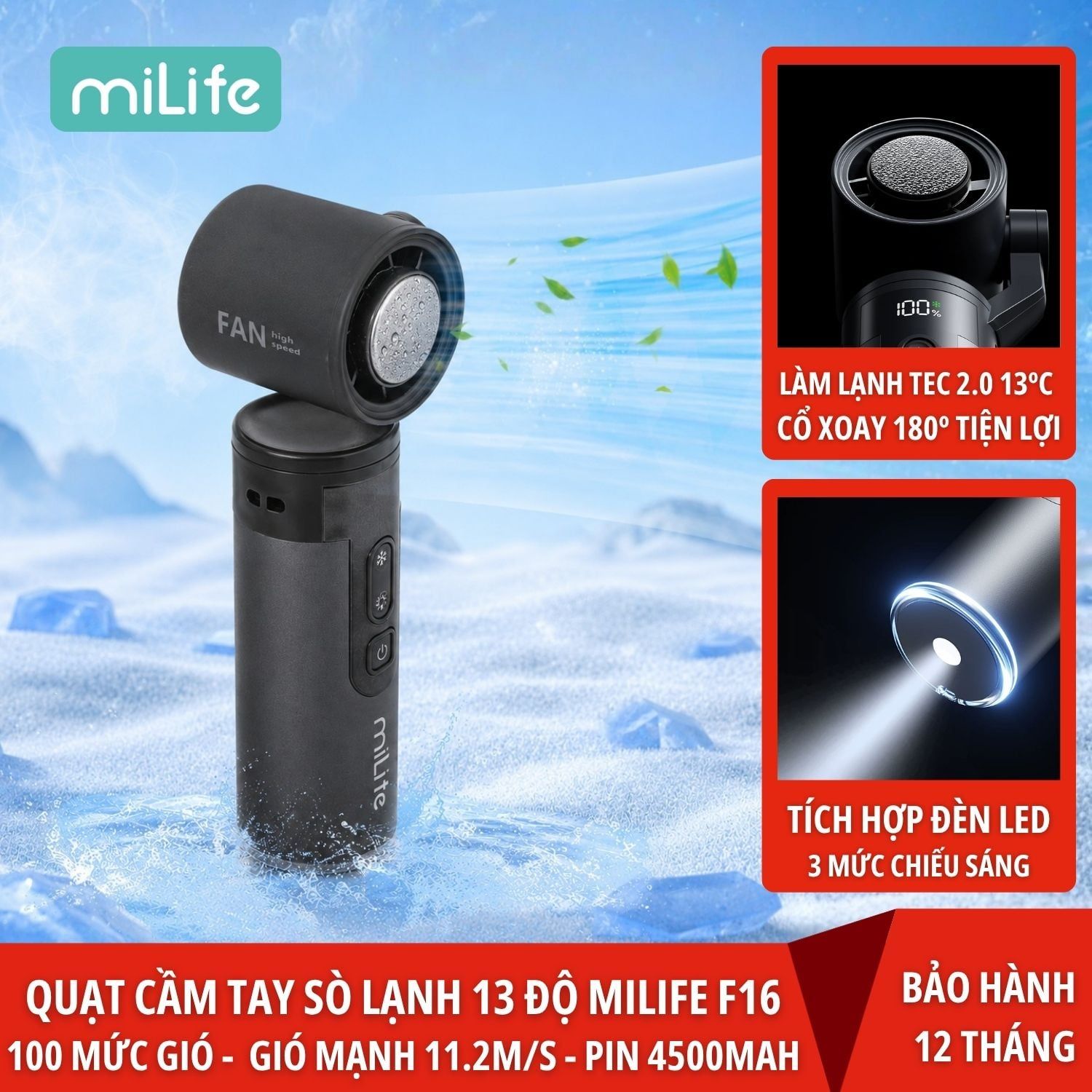  Quạt cầm tay sò lạnh miLife F16 cổ xoay 180 độ, pin 4500mAh 11 tiếng, gió 11.2m/s - Bảo hành 12 tháng 