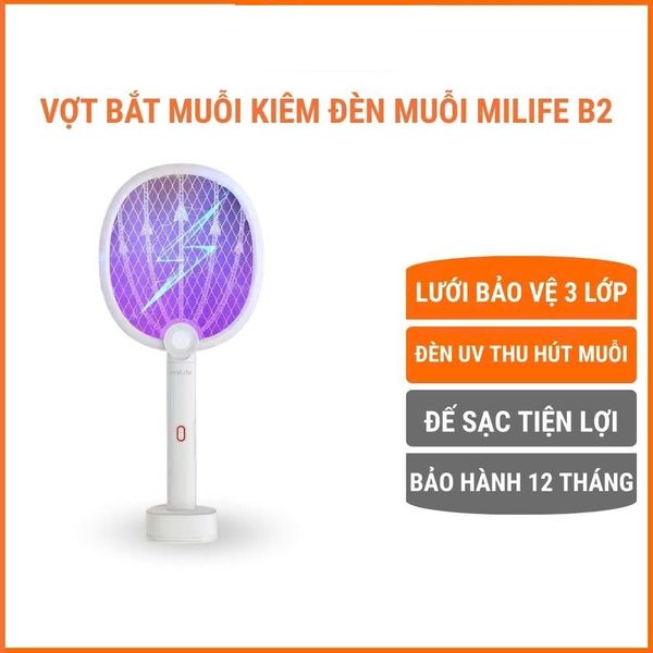  Vợt muỗi thông minh milife B2 kiêm đèn bắt muỗi sạc tích điện, vợt bắt muỗi thông minh cao cấp để bàn 