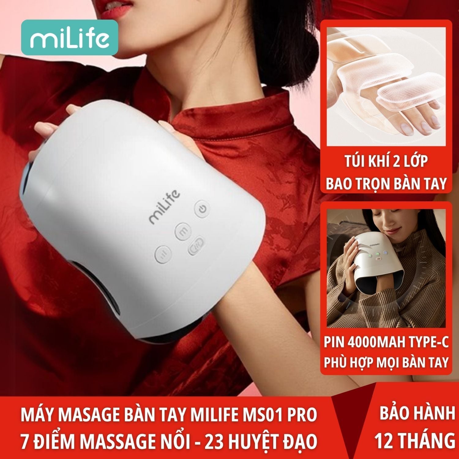 Máy massage tay miLife MS01 chườm nóng, giảm đau khớp, tê bì 