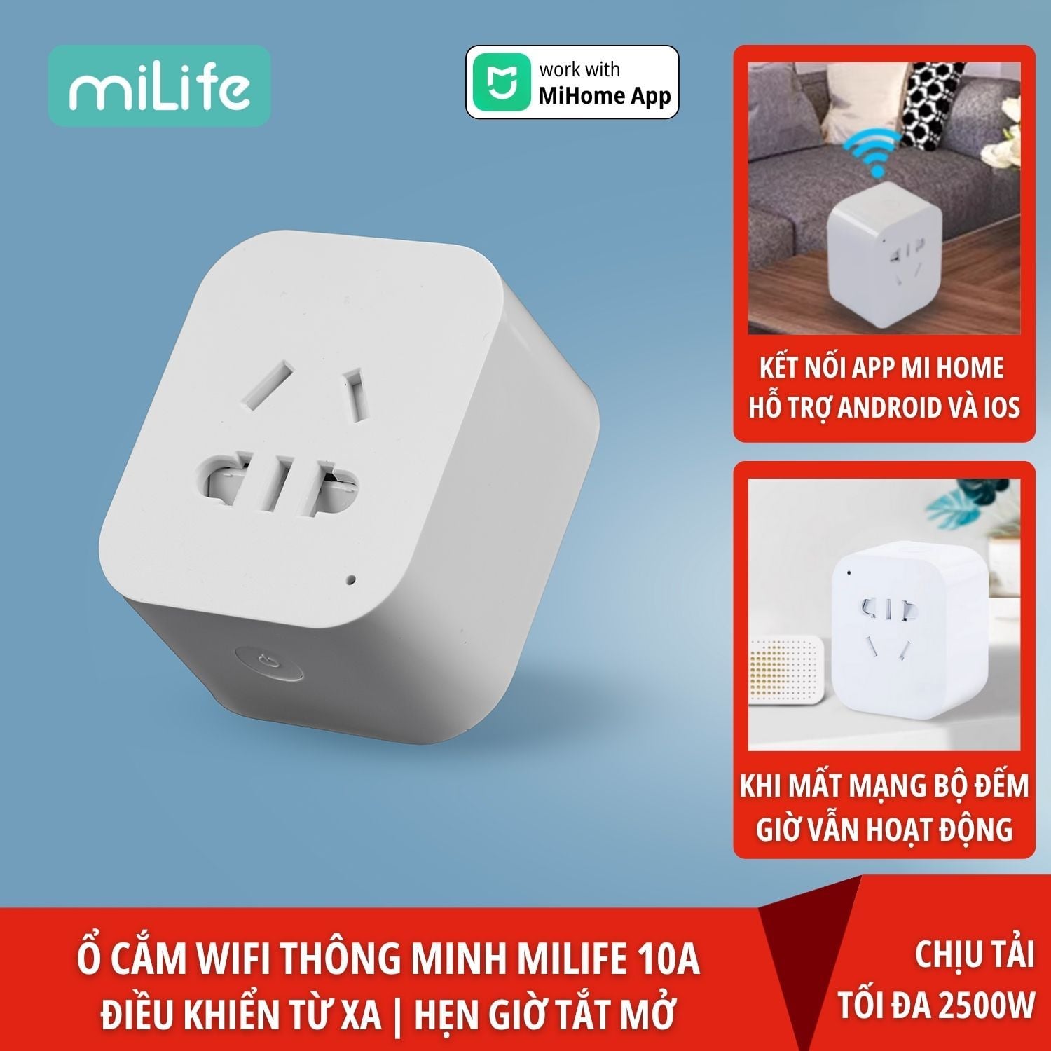  Ổ cắm thông minh miLife 10A kết nối app mihome bản nội địa , 3 chân 