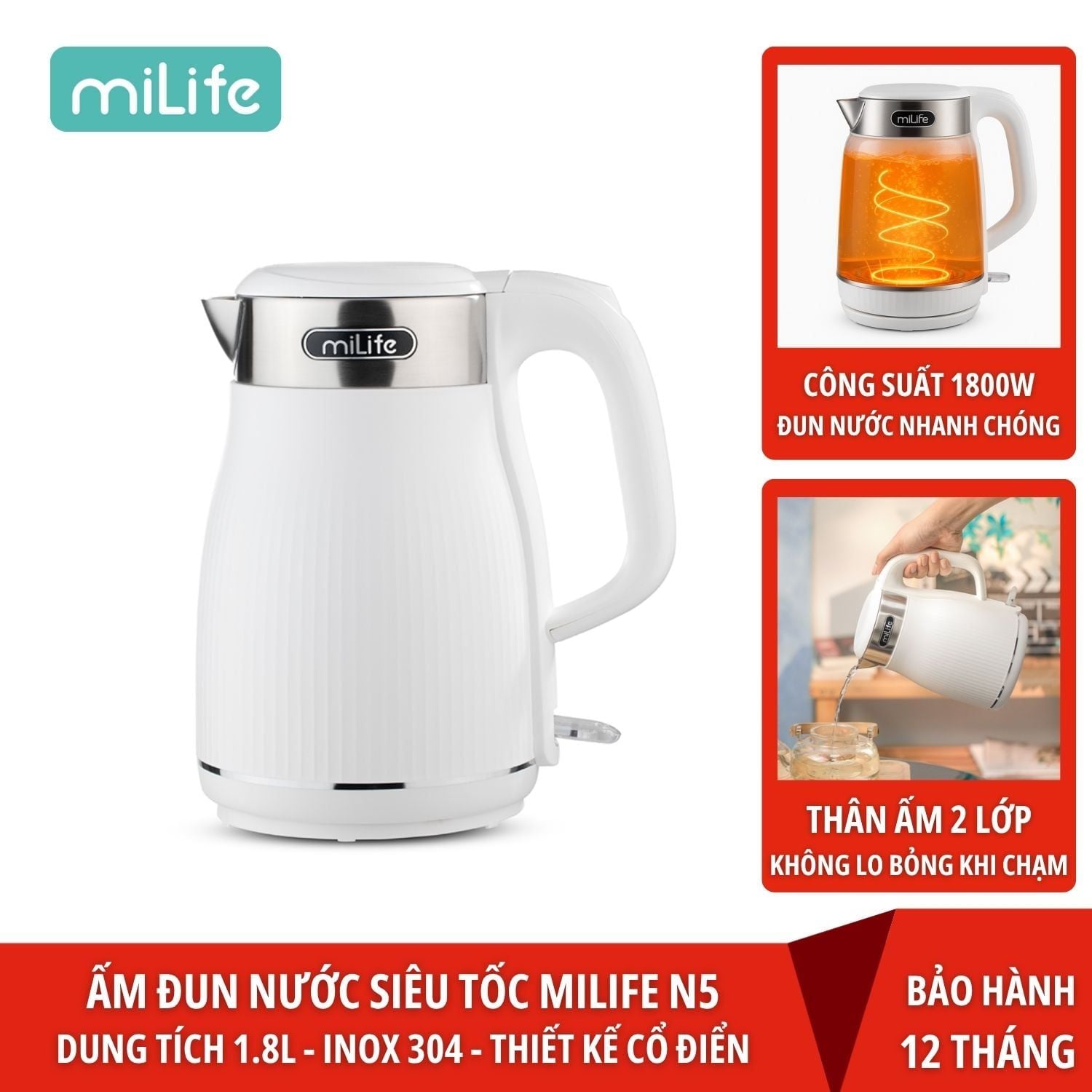  Ấm siêu tốc dung tích 1.8L miLife N5, inox 304, 1800w mạnh mẽ, đạt chuẩn SNI - Bảo hành 12 tháng 