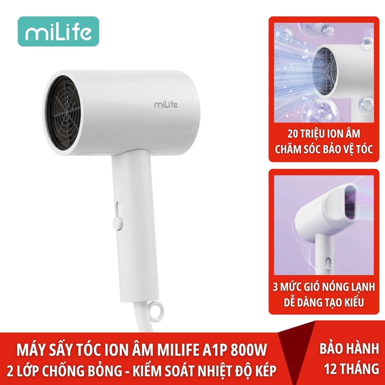  Máy sấy tóc ion âm miLife A1P 800w với ánh sáng xanh bảo vệ tóc 