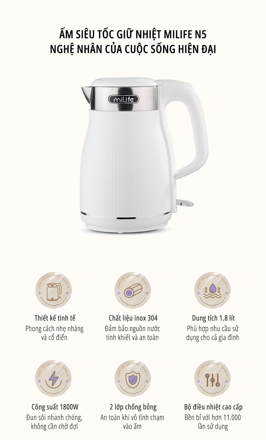  Ấm siêu tốc dung tích 1.8L miLife N5, inox 304, 1800w mạnh mẽ, đạt chuẩn SNI - Bảo hành 12 tháng 