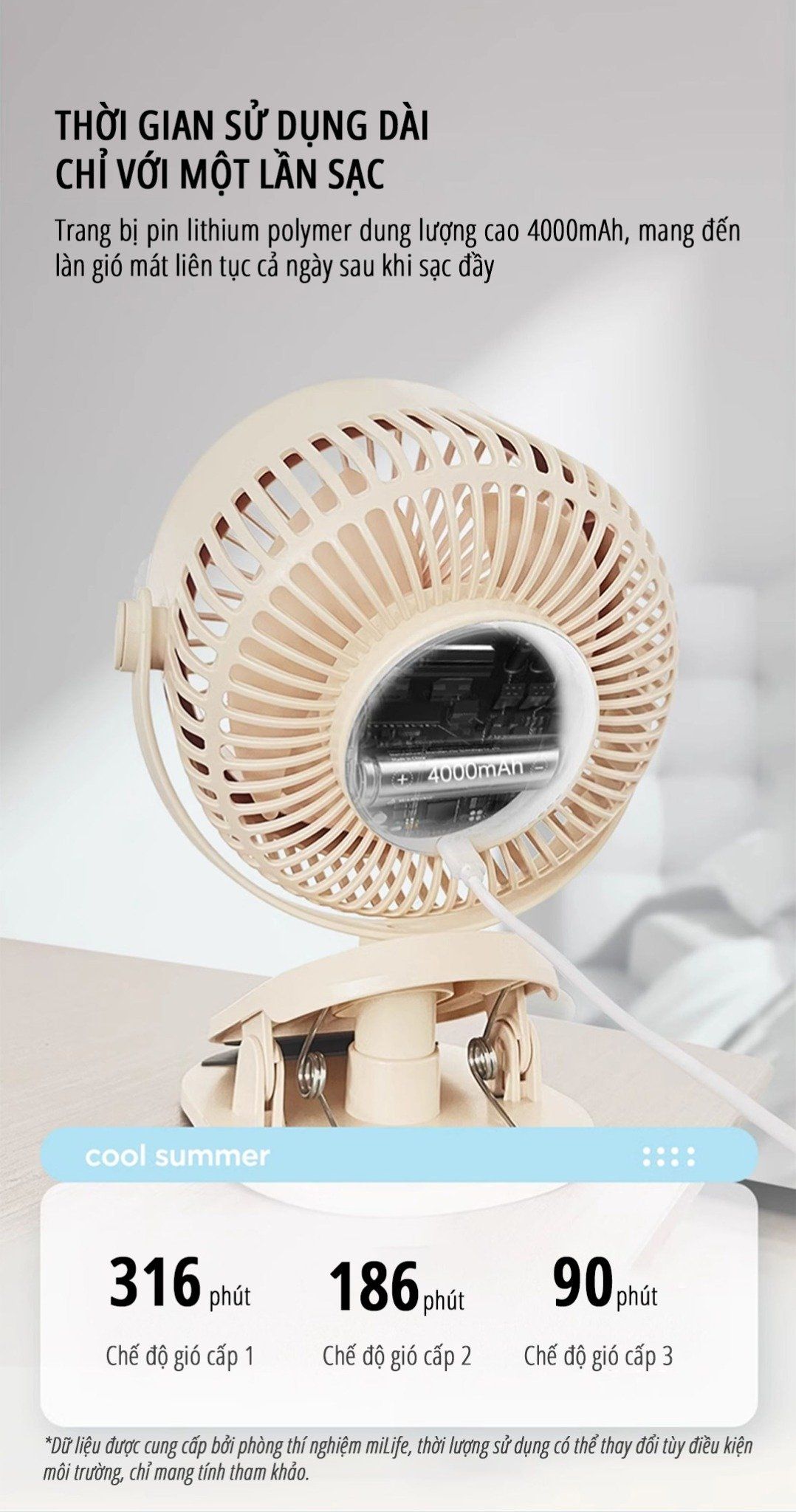  Quạt kẹp tích điện miLife F3B cánh quạt lớn 18cm pin 4000mAh 