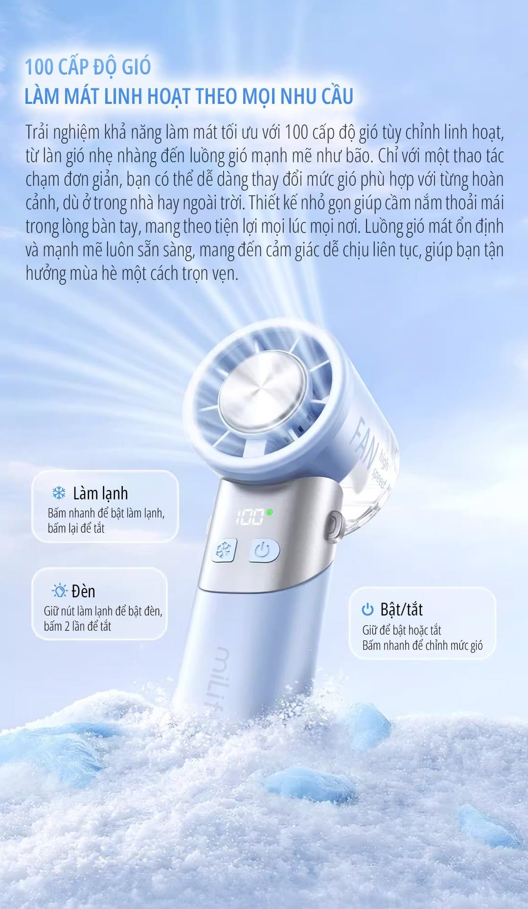  Quạt cầm tay sò lạnh miLife F11 thân xoay 180 độ, pin 4000mAh 9 tiếng, gió 9.8m/s - Bảo hành 12 tháng 