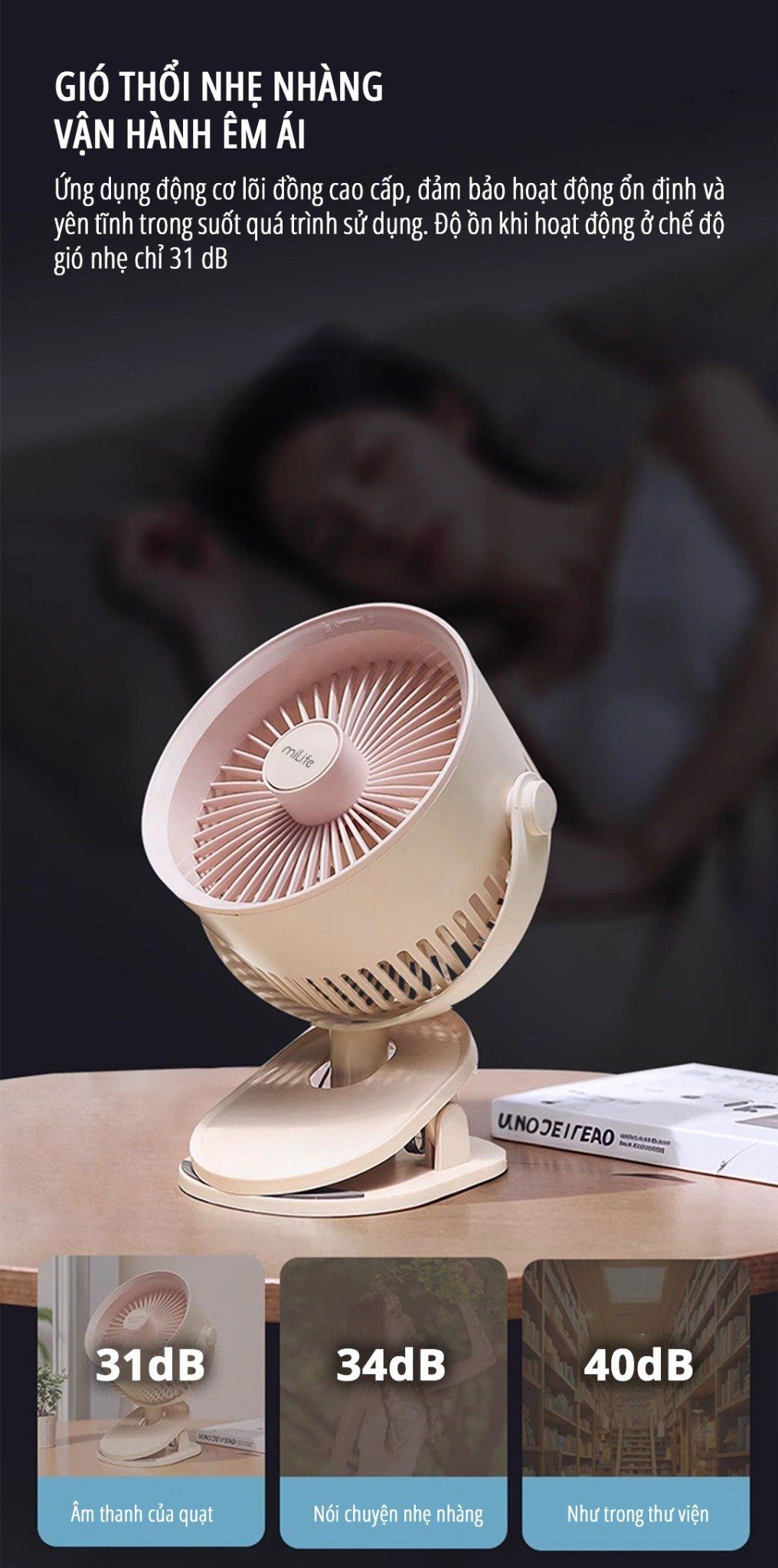  Quạt kẹp tích điện miLife F3B cánh quạt lớn 18cm pin 4000mAh 