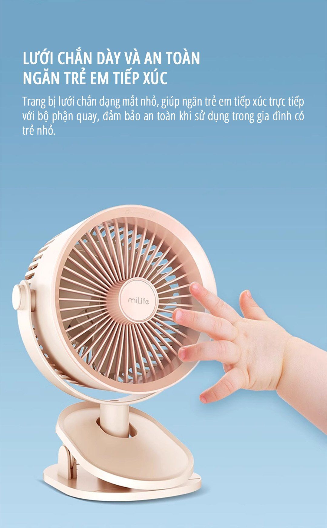 Quạt kẹp tích điện miLife F3B cánh quạt lớn 18cm pin 4000mAh 
