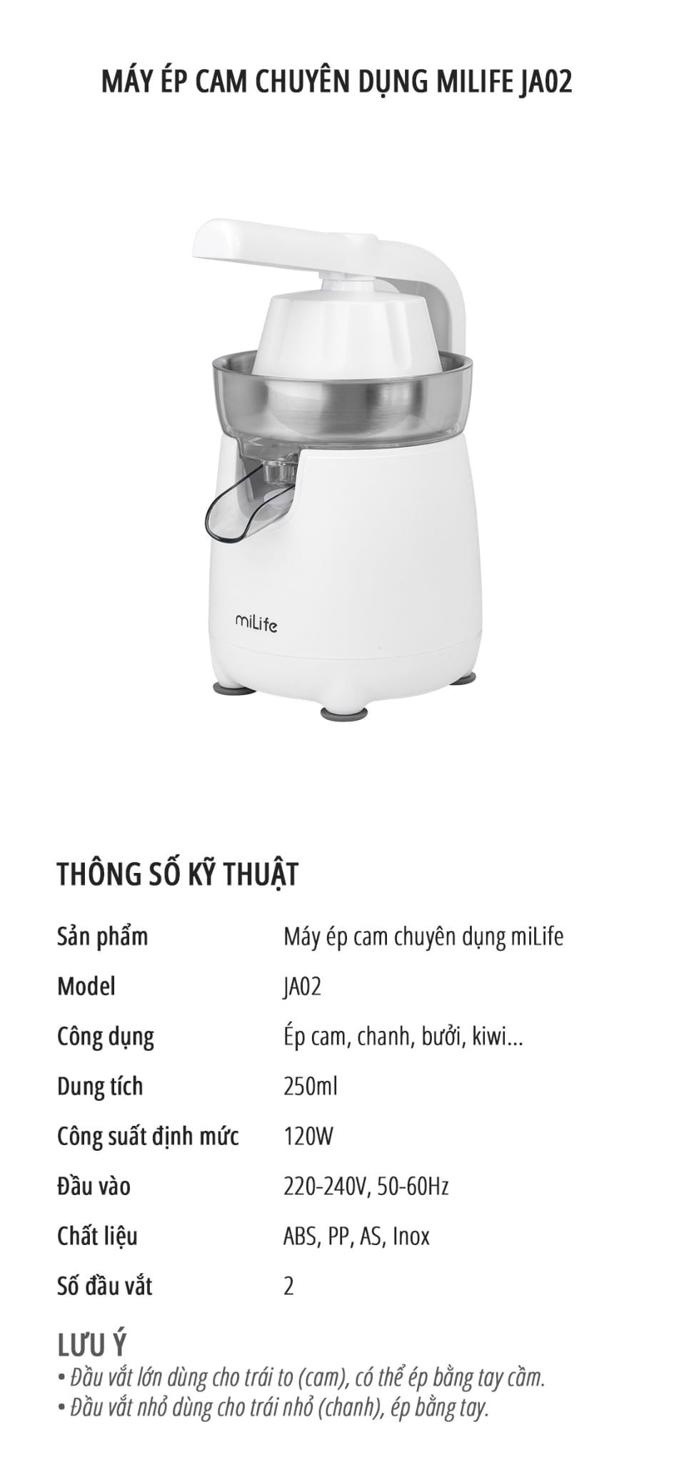  Máy vắt cam Máy ép cam, chuyên dụng miLife JA02 - công suất 120W - vắt kiệt bã bảo hành 12 tháng 