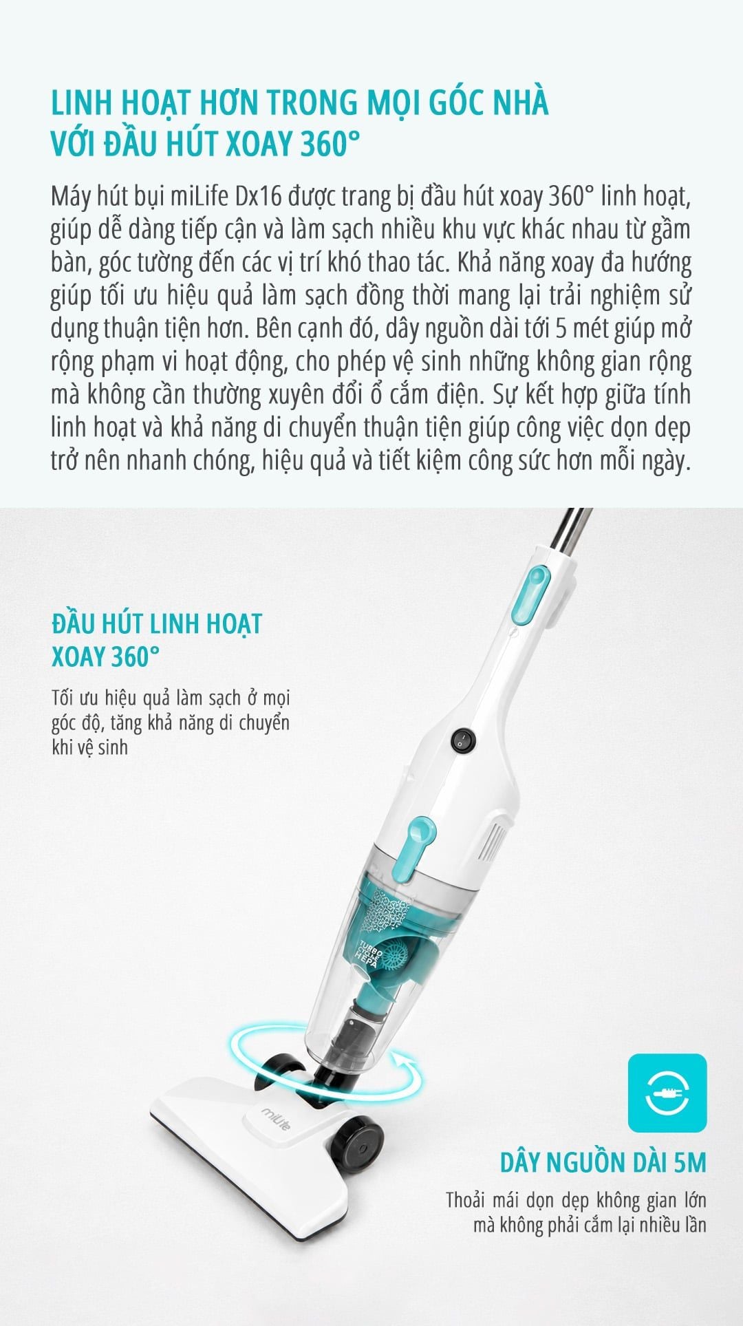  Máy hút bụi cầm tay có dây miLife DX16 - Lực hút 16000Pa công suất 600W 3 đầu hút dây dài 5m 