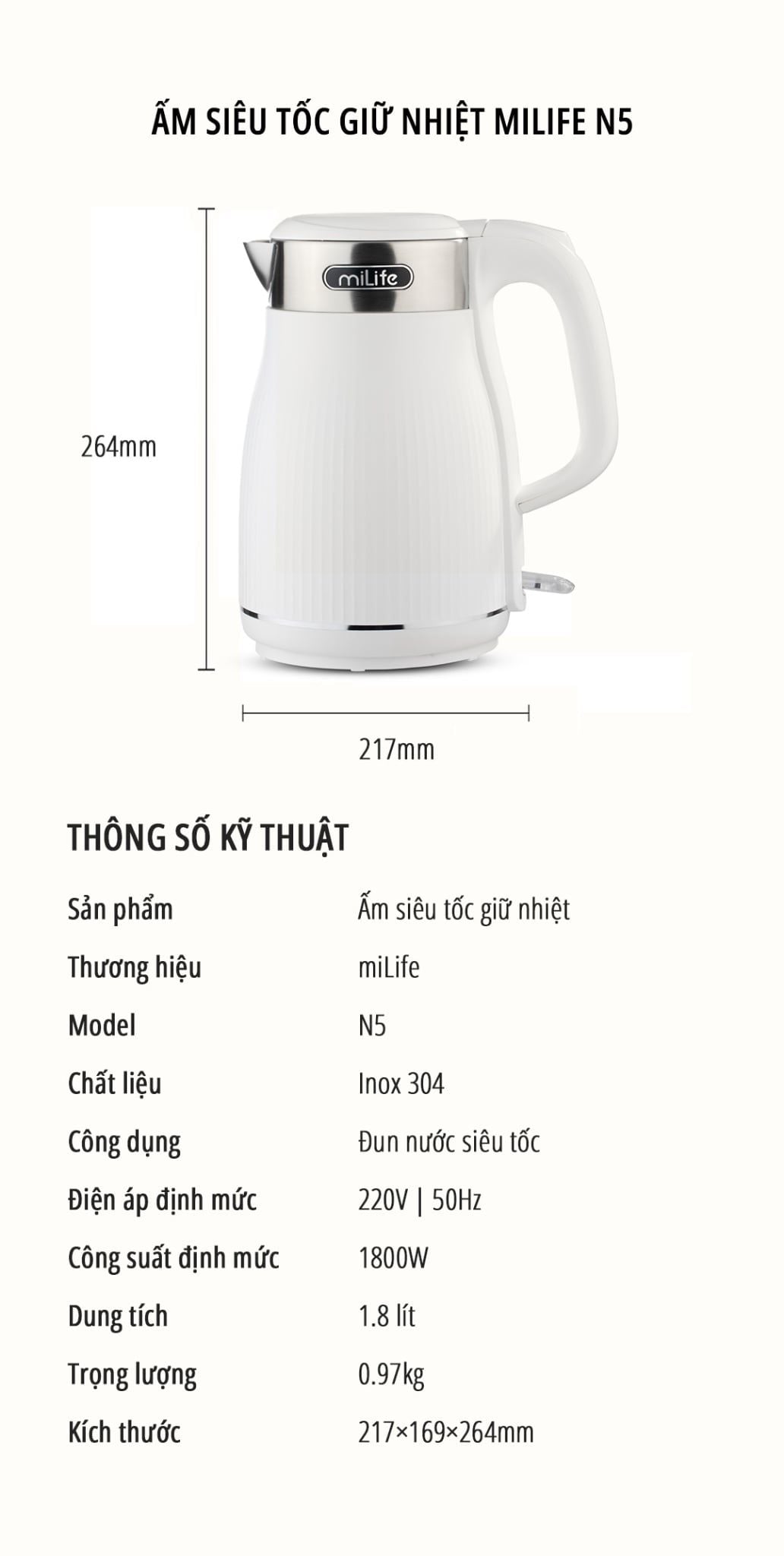  Ấm siêu tốc dung tích 1.8L miLife N5, inox 304, 1800w mạnh mẽ, đạt chuẩn SNI - Bảo hành 12 tháng 