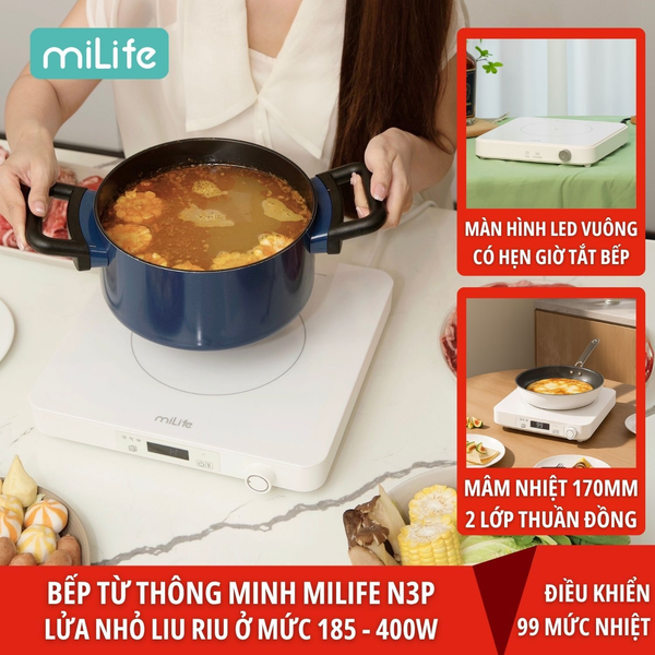  Bếp từ 99 mức nhiệt miLife Youth Lite N3P vuông công suất 2100W mâm từ lõi kép thuần đồng - Đun liu riu, hẹn giờ tắt bếp, bảo hành 12 tháng 