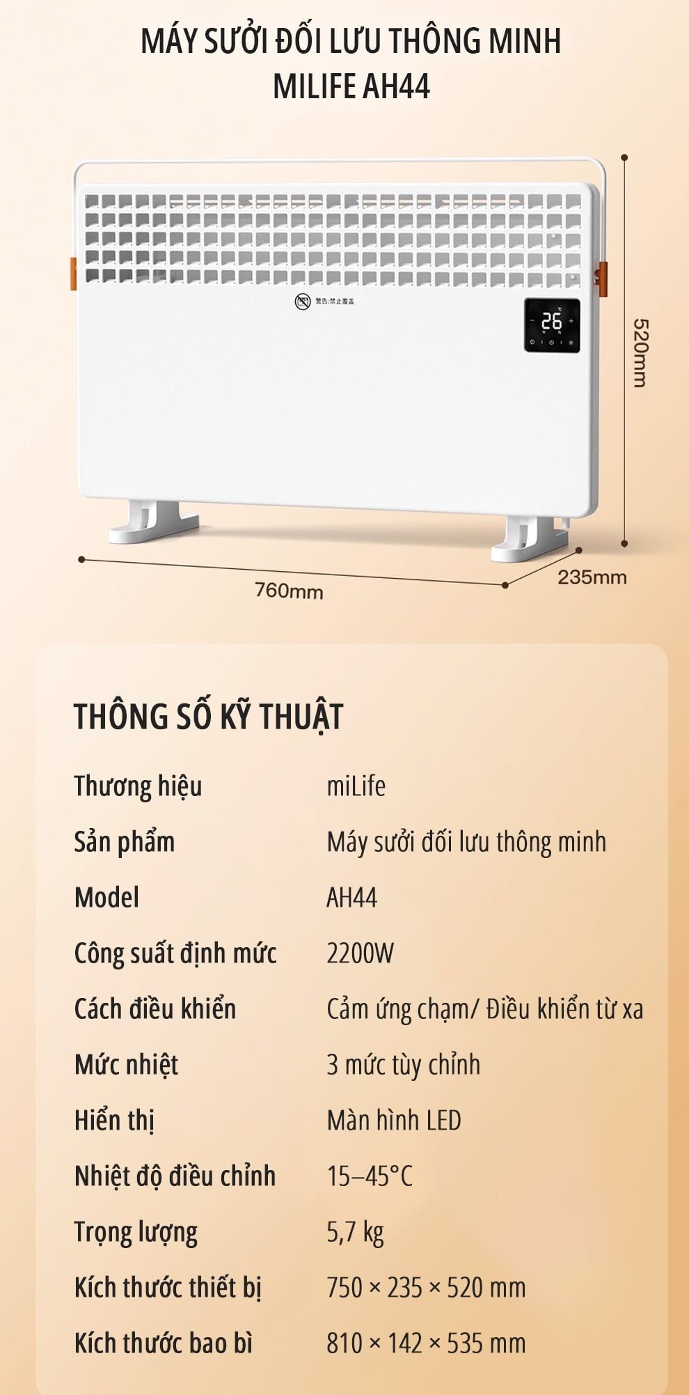  Máy sưởi điện đối lưu miLife AH44 công suất 2200w có remote điều khiển - Bảo hành 12 tháng 