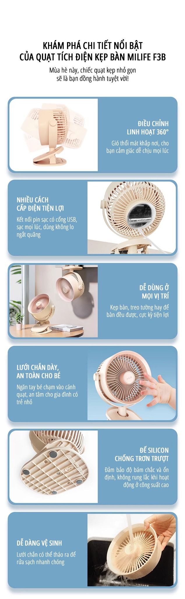  Quạt kẹp tích điện miLife F3B cánh quạt lớn 18cm pin 4000mAh 