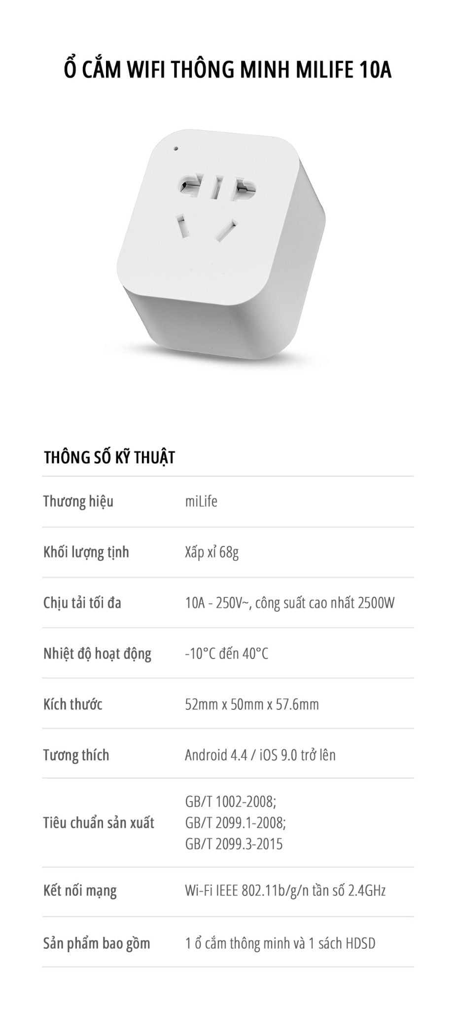  Ổ cắm thông minh miLife 10A kết nối app mihome bản nội địa , 3 chân 